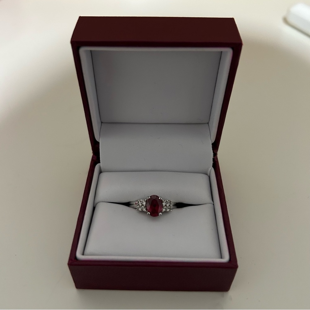 Helzberg Diamonds Elegant Silver Synthetic Ruby and Diamond Gemstone Ring